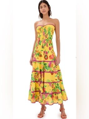 Farm Rio Delicate Fruit Garden Smocked Maxi Dress Size L Boho Vacation